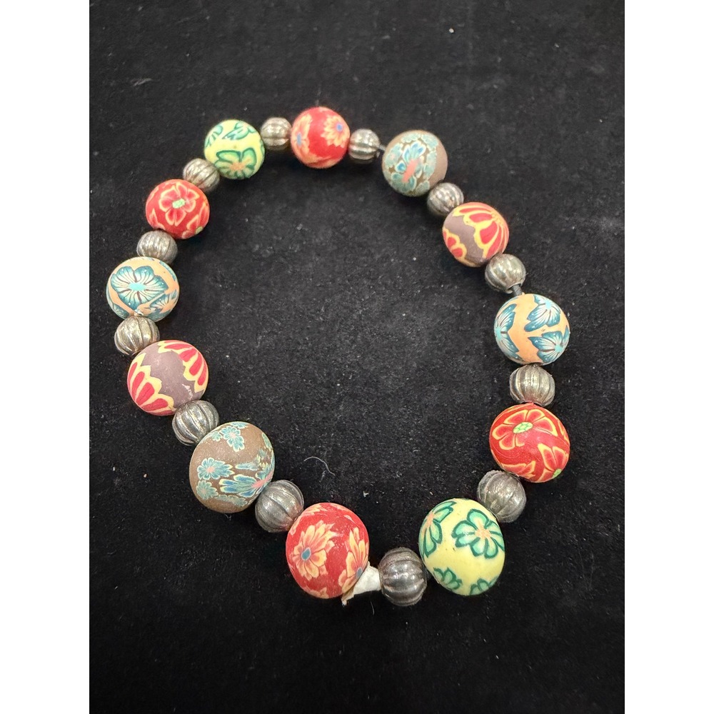 Floral‎ Polymer Clay Bead Stretch Bracelet Boho Silver Tone Ribbed Spacer Beads